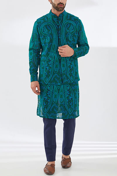 Blue paisley embroidery bandi and kurta set