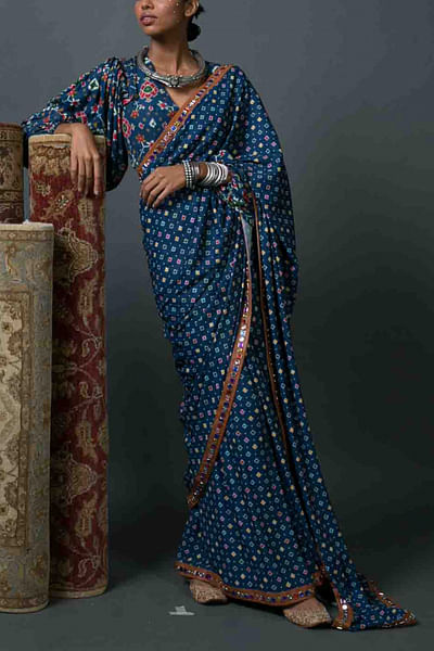 Blue patola print crepe sari set