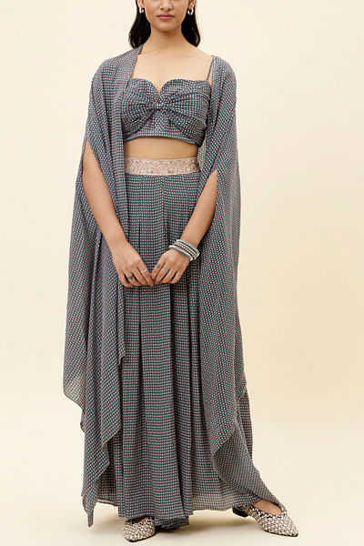 Blue peacock print cape set