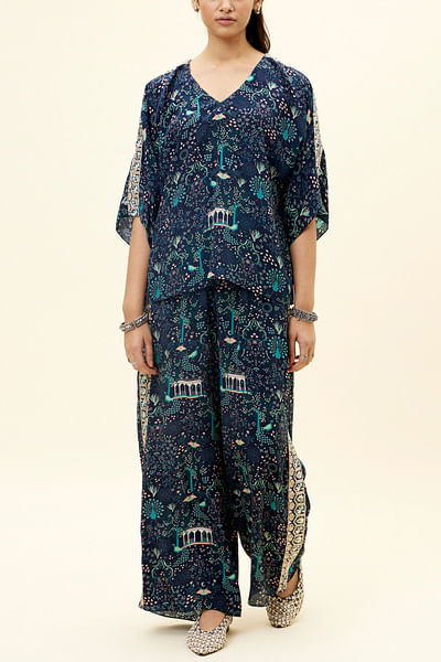 Blue peacock print embellished co-ords