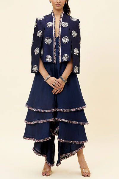 Blue peacock print jumpsuit jacket set