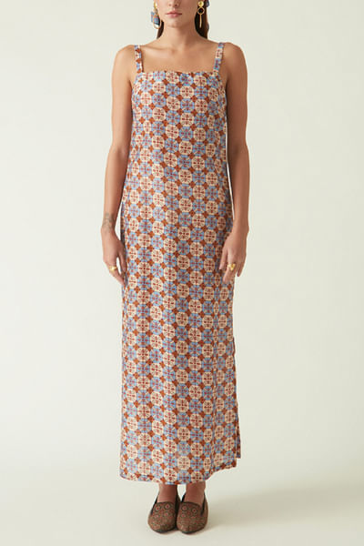 Blue printed straight slip dress