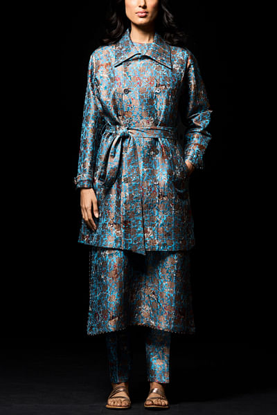 Blue printed trench coat