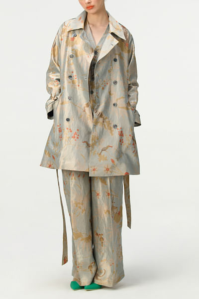 Blue rainforest print trench coat