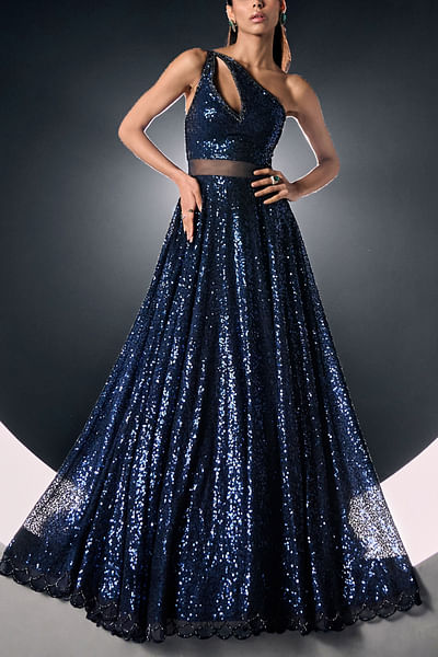 Blue sequin embellished one-shoulder gown