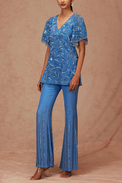 Blue sequin embroidered top and pants