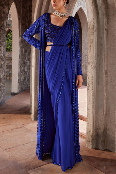 Blue sequin embroidery draped saree set