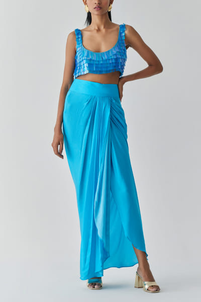 Blue sequin embroidery draped skirt set
