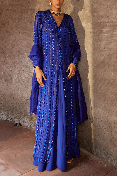 Blue sequin embroidery jacket and lehenga set