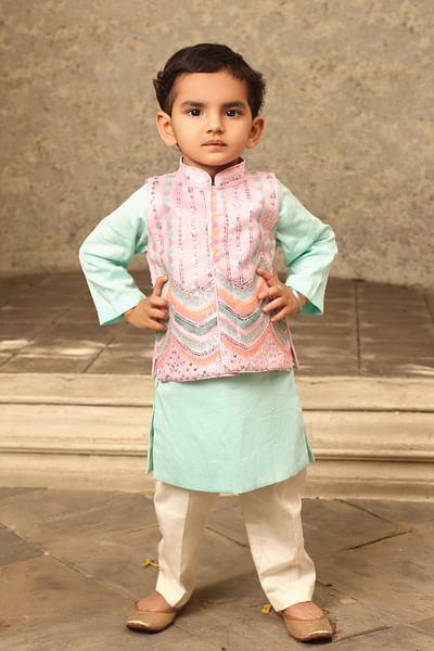 Blue sequin embroidery Nehru jacket kurta set