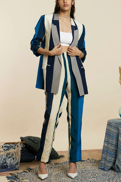 Blue stripe print blazer set