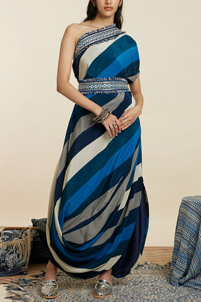 Blue stripe print one-shoulder cowl dress
