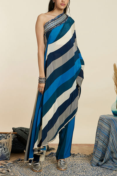 Blue stripe print one-shoulder kaftan set