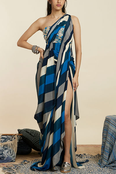 Blue stripe print sari draped gown