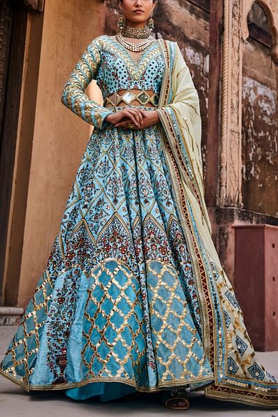 Blue temple caring print anarkali set
