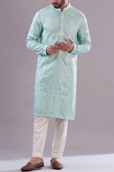 Blue thread embroidered silk kurta