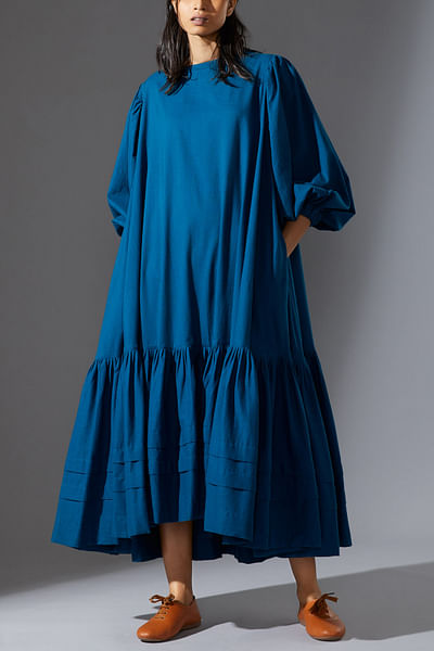 Blue tiered and pleated handwoven cotton slub dress