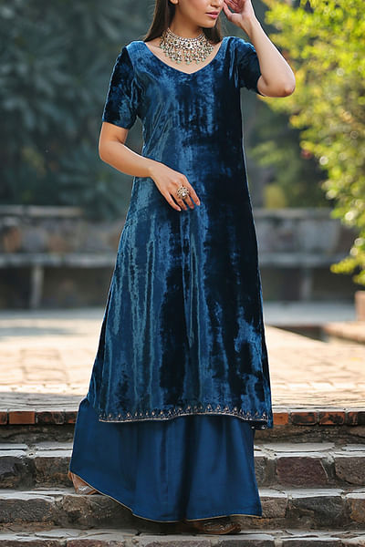 Blue velvet kurta and sharara set