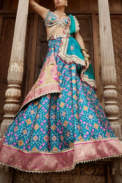 Blue zari and pearl detailed patola jamawar jacket lehenga set
