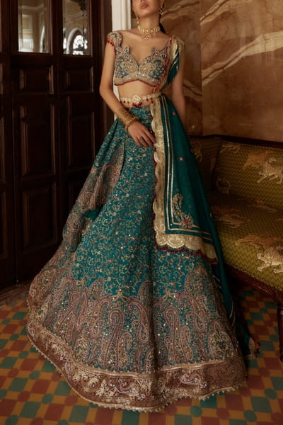 Blue zari and resham embroidered jamawar lehenga set
