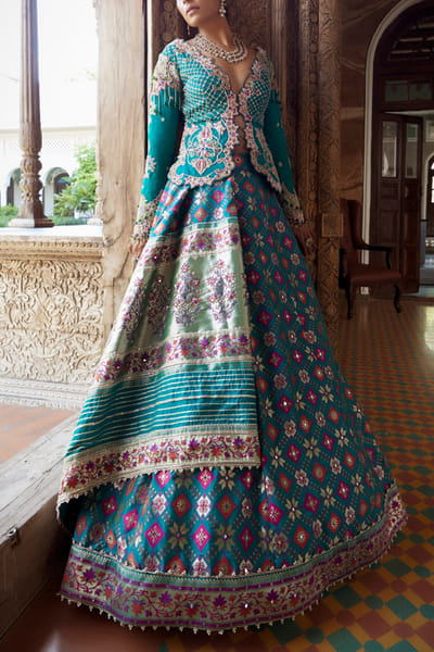 Blue zari embellished patola jamawar jacket lehenga set