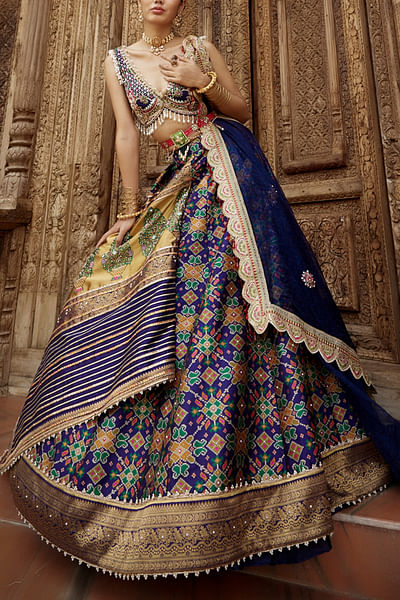 Blue zari work patola jamawar jacket lehenga set