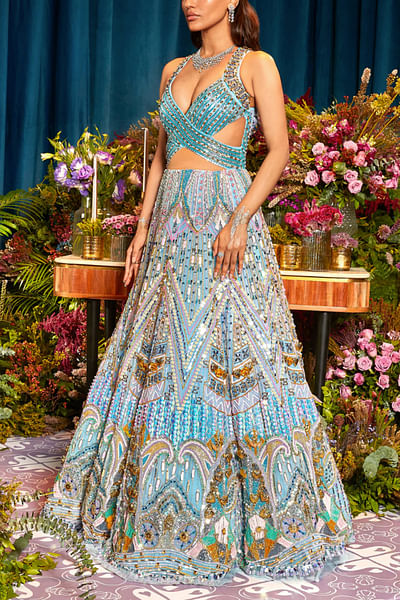 Blue zig-zag 3D embroidery gown