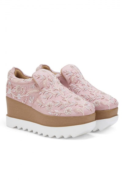 Blush floral embroidery wedge sneakers