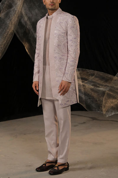 Blush lavender resham embroidery jacket kurta set