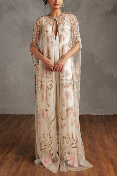 Blush mix material embellished cape and jumpsuit