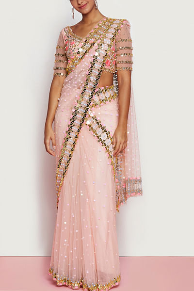 Blush pink 3D detail pre-stitched saree set