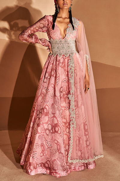 Blush pink artsy print cape anarkali set
