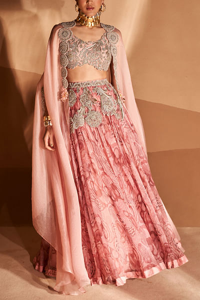 Blush pink artsy print cape lehenga set