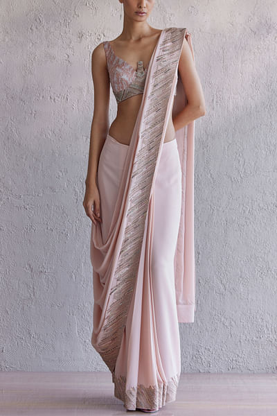 Blush pink bugle bead detail draped saree set