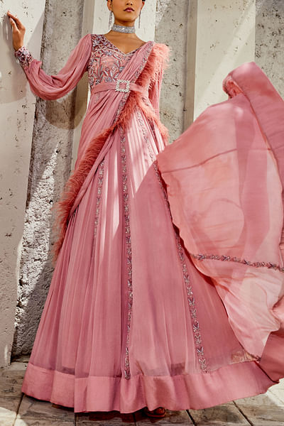 Blush pink floral embellished draped gown and belt