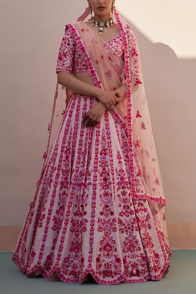 Blush pink floral embroidery scalloped lehenga set