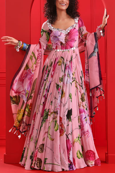 Blush pink floral print anarkali set