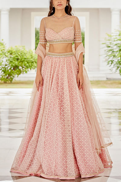 Blush pink geometric embroidery lehenga set
