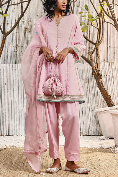 Blush pink lace accented short anarkali set