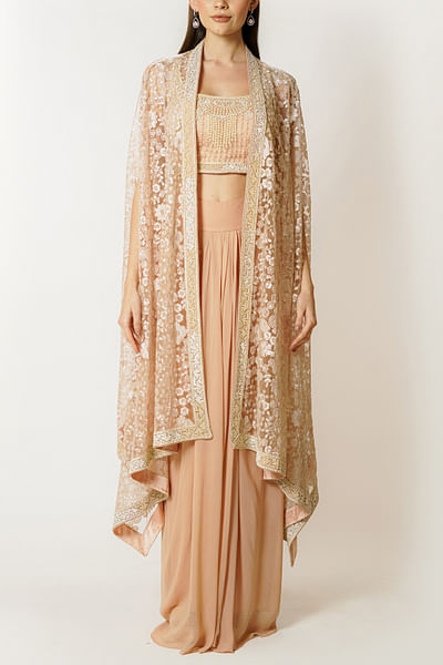 Blush pink pearl and sequin embroidered cape set