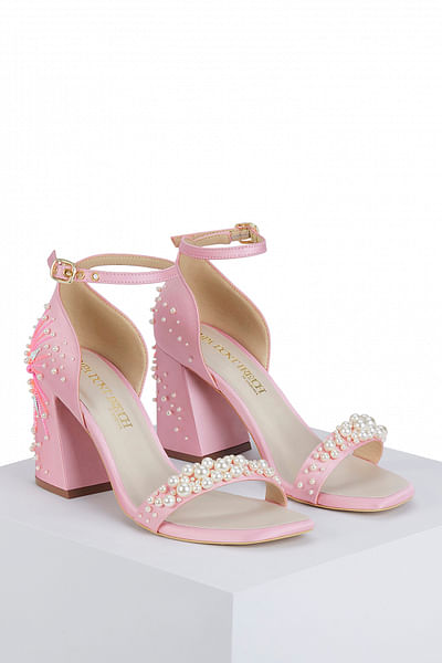 Blush pink pearl embellished block heels