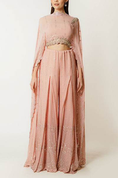 Blush pink thread and sequin embroidered cape set