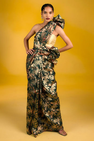 Bottle green floral handwoven banarasi sari