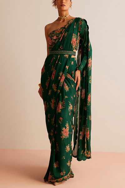 Bottle green floral print pre-draped saree set