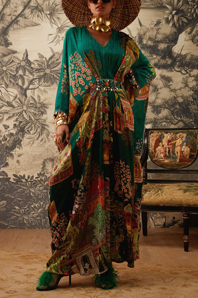 Bottle green printed kaftan