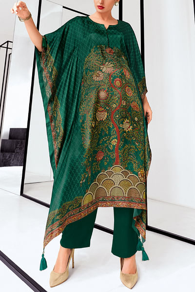 Bottle green printed kaftan set