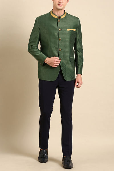 Bottle green textured bandhgala