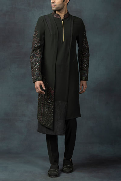 Bottle green thread and pearl embroidered kurta set