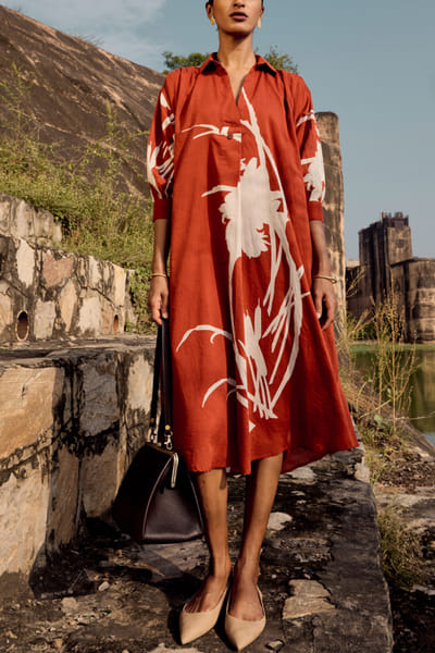 Brick red floral lino print shirt dress