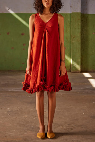 Brick red ruffled dress